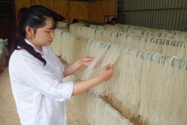 Thành viên HTX kiểm tra độ khô của sợi bún.