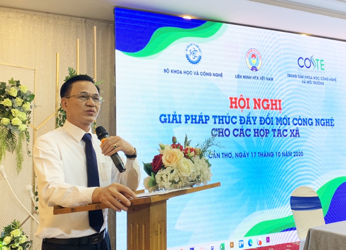 Phó Chủ tịch Liên minh HTX Việt Nam Nguyễn Mạnh Cường phát biểu tại Hội nghị “Giải pháp thúc đẩy ứng dụng đổi mới công nghệ cho các HTX”.
