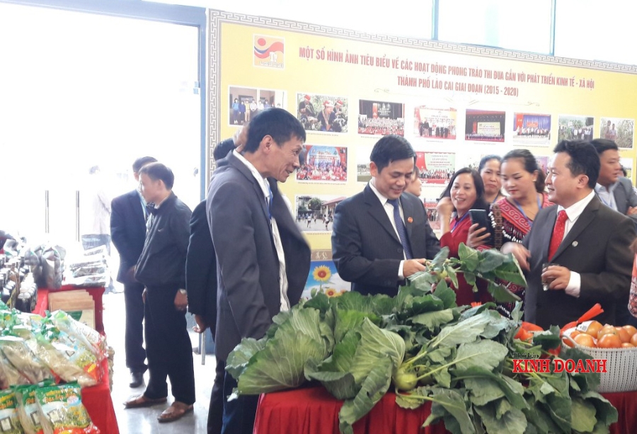 Phó Chủ tịch Nguyễn Văn Thịnh thăm gian hàng của các HTX trưng bày tại Đại hội VI Liên minh HTX tỉnh Lào Cai.