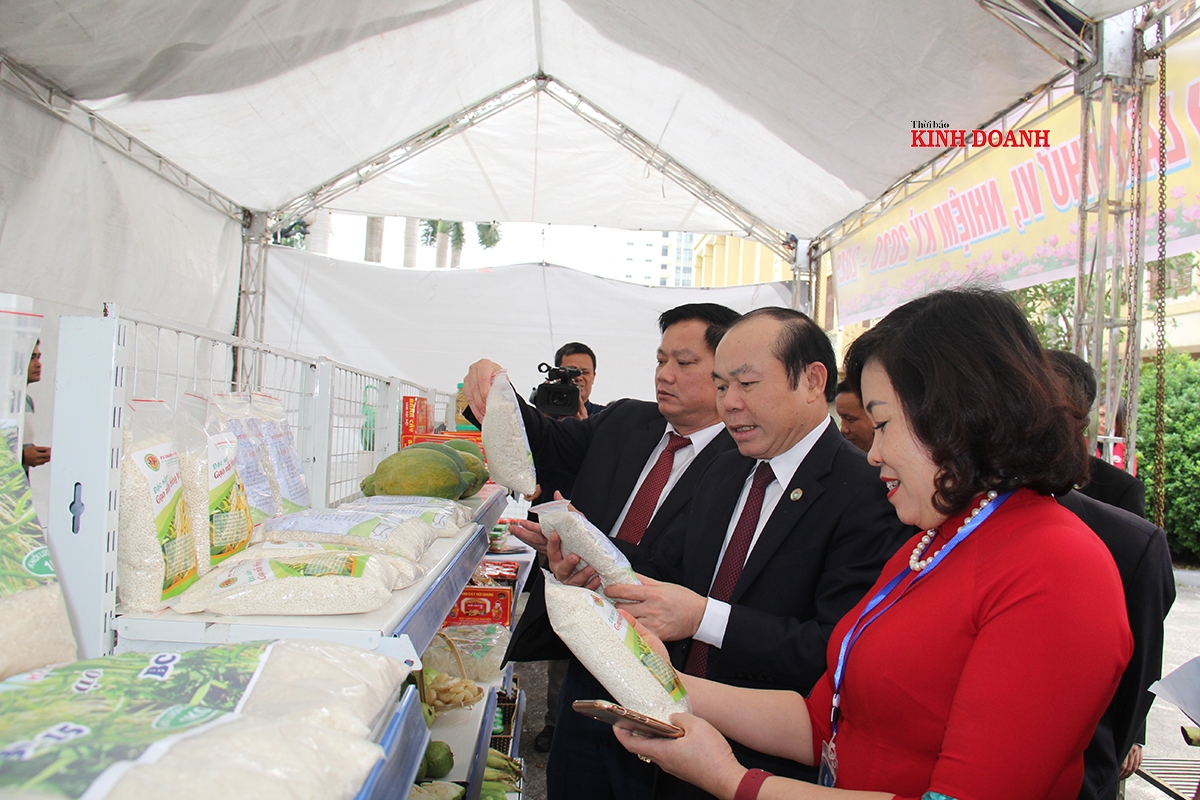 Chủ tịch Liên minh HTX Việt Nam Nguyễn Ngọc Bảo (thứ hai từ ngoài vào) tham quan gian hàng tại khuôn viên Đại hội.