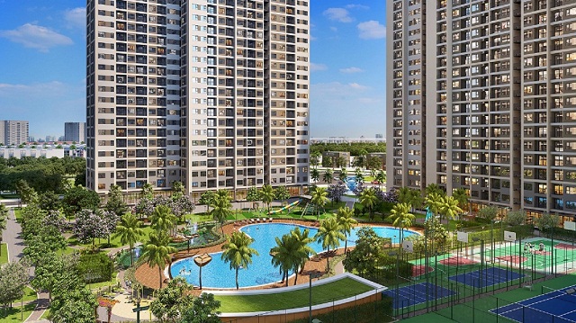 Hệ thống tiện ích nội khu phong phú của Grand Sapphire 2 với bể bơi ngoài trời 1000m2, sân chơi thể thao và sân chơi trẻ em đa dạng.