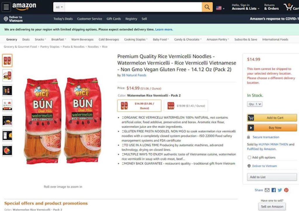 Sản phẩm bún mang thương hiệu Mr Rice của Công ty TNHH Duy Anh trên sàn Amazon.