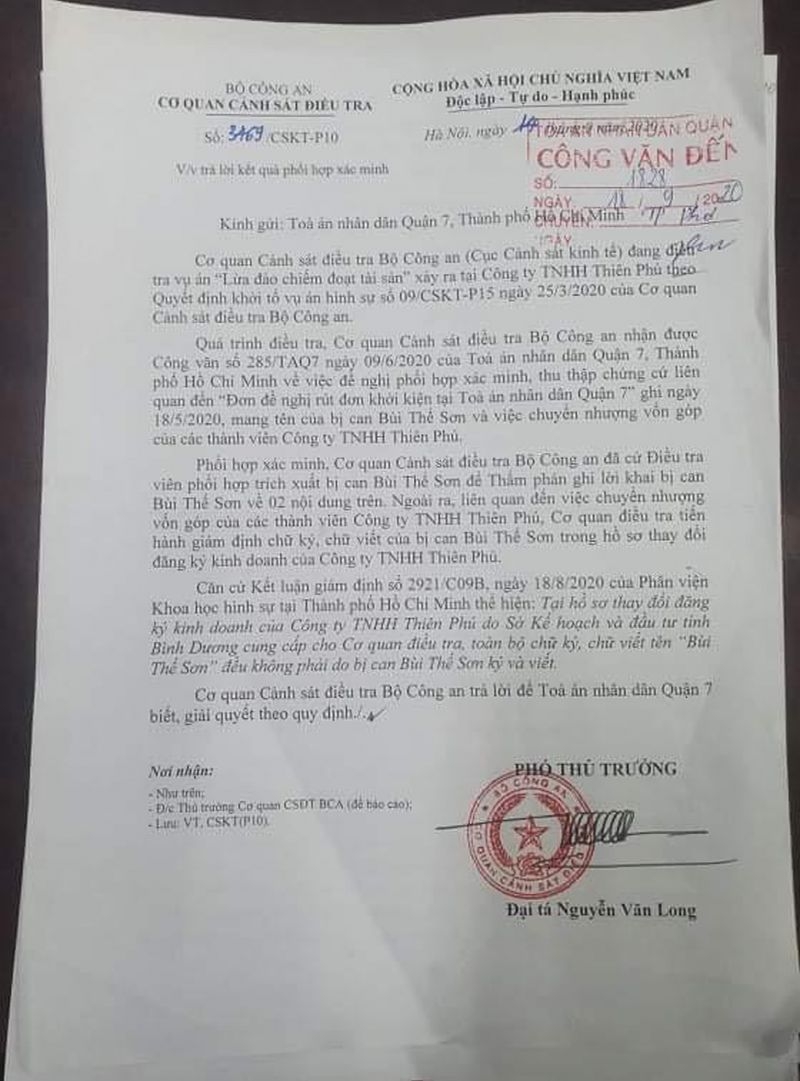 Văn bản xác nhận chữ ký của ông Sơn là giả mạo của Bộ Công an.