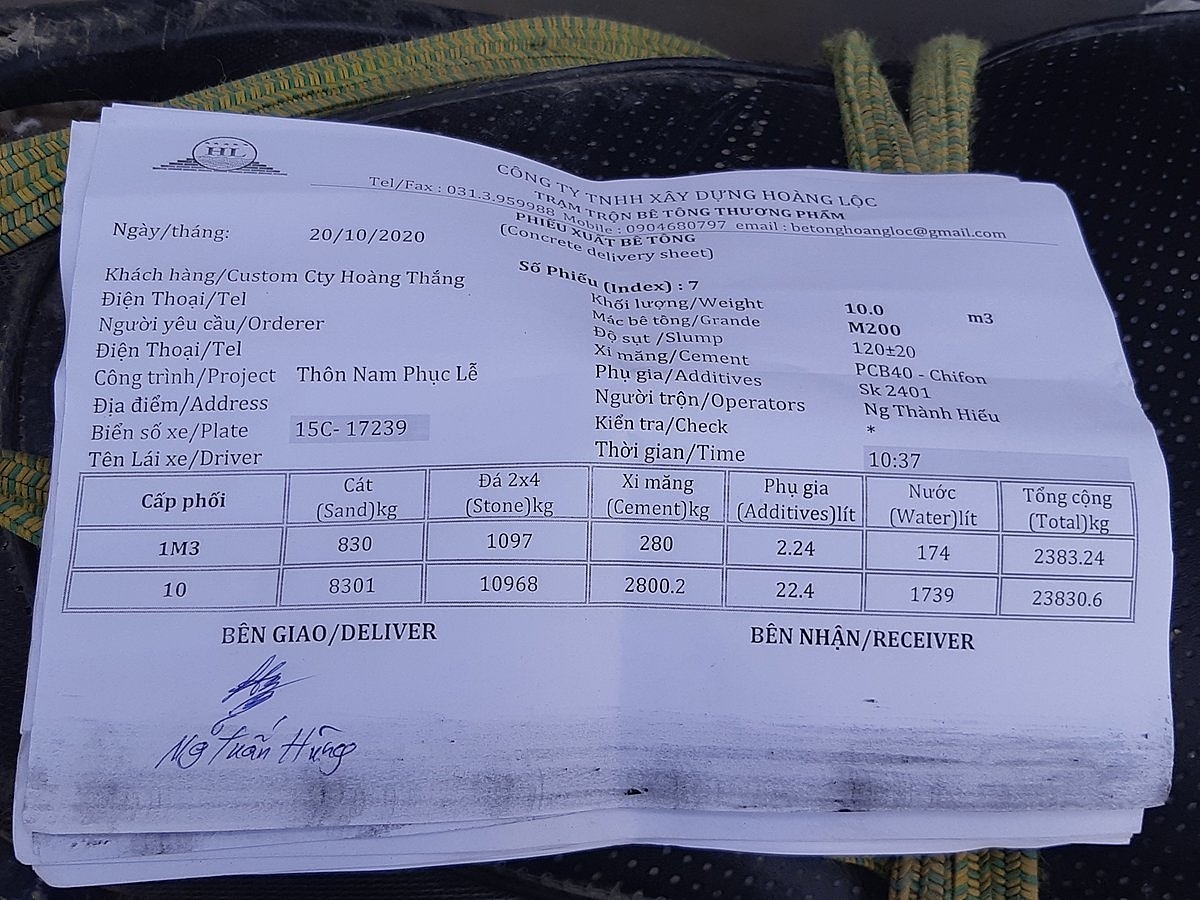 Một trong những phiếu bê tông do phóng viên thu thập được thể hiện mác bê tông mặt đường là M200.