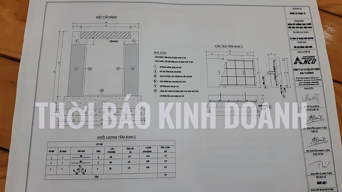 Hồ sơ thể hiện phần cổ rãnh thoát nước được đổ bê tông hình chữ L, độ cao bê tông đạt 22cm.