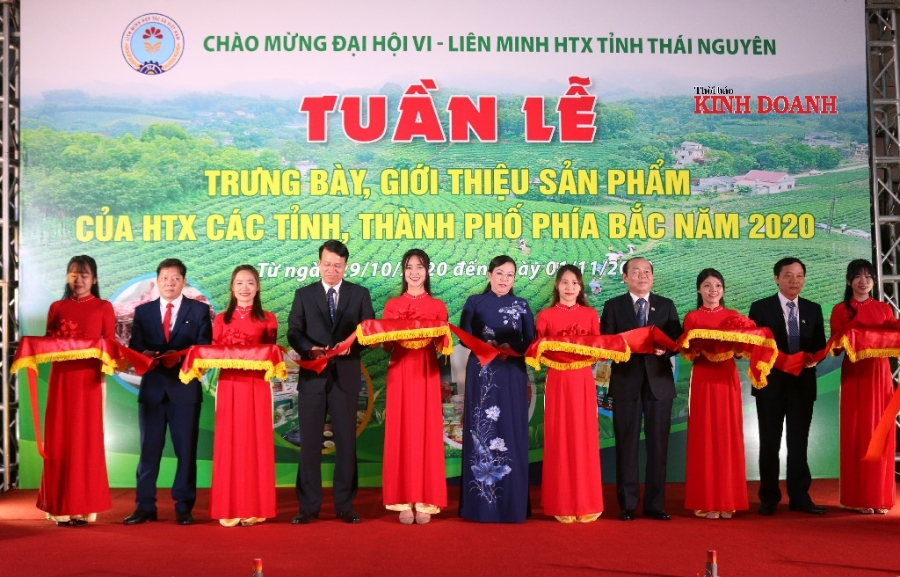 Chủ tịch Liên minh HTX Việt Nam Nguyễn Ngọc Bảo cùng bà Nguyễn Thanh Hải, Bí Thư tỉnh uỷ Thái Nguyên, cắt băng khai trương tuần lễ giới thiệu sản phẩm của các HTX.