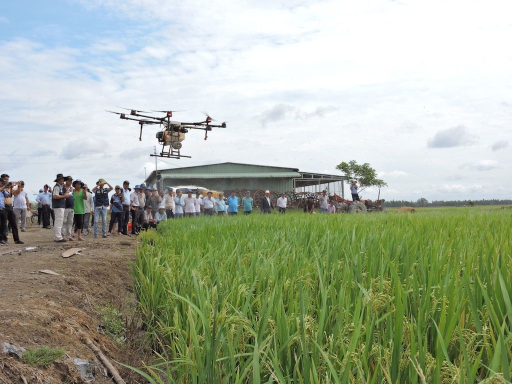 Các nông dân huyện Tân Hưng học hỏi việc ứng dụng công nghệ cao vào chăm sóc đồng lúa VietGap.