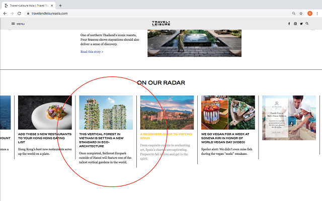 Travel & Leisure đã dành hẳn một vị trí nổi bật trên trang chủ của tạp chí để viết về Sol Forest – Dự án xanh biểu tượng của Ecopark đang gây sốt tại thị trường Việt Nam.