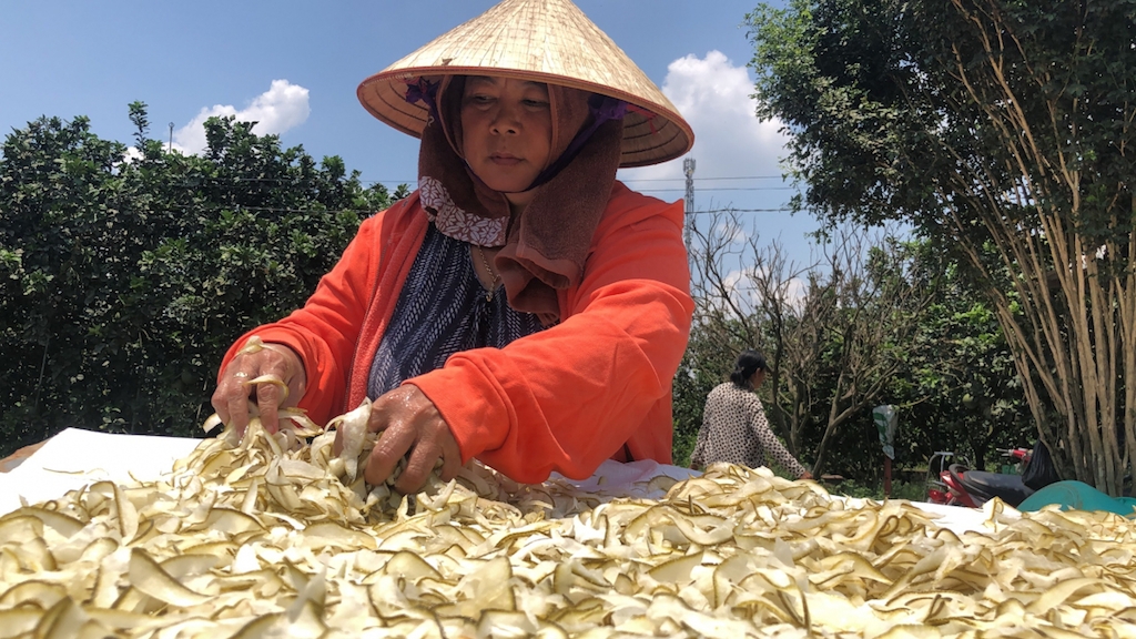 Các phế phẩm từ trái bưởi được Tổ hợp tác Minh Đức chế biến ra nhiều sản phẩm có giá trị.