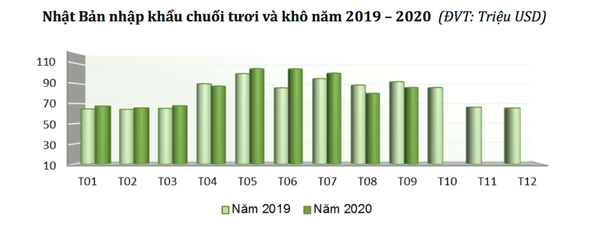 Nhập khẩu trái chuối của Nhật Bản trong 9 tháng đầu năm 2020 đạt 806,2 nghìn tấn.