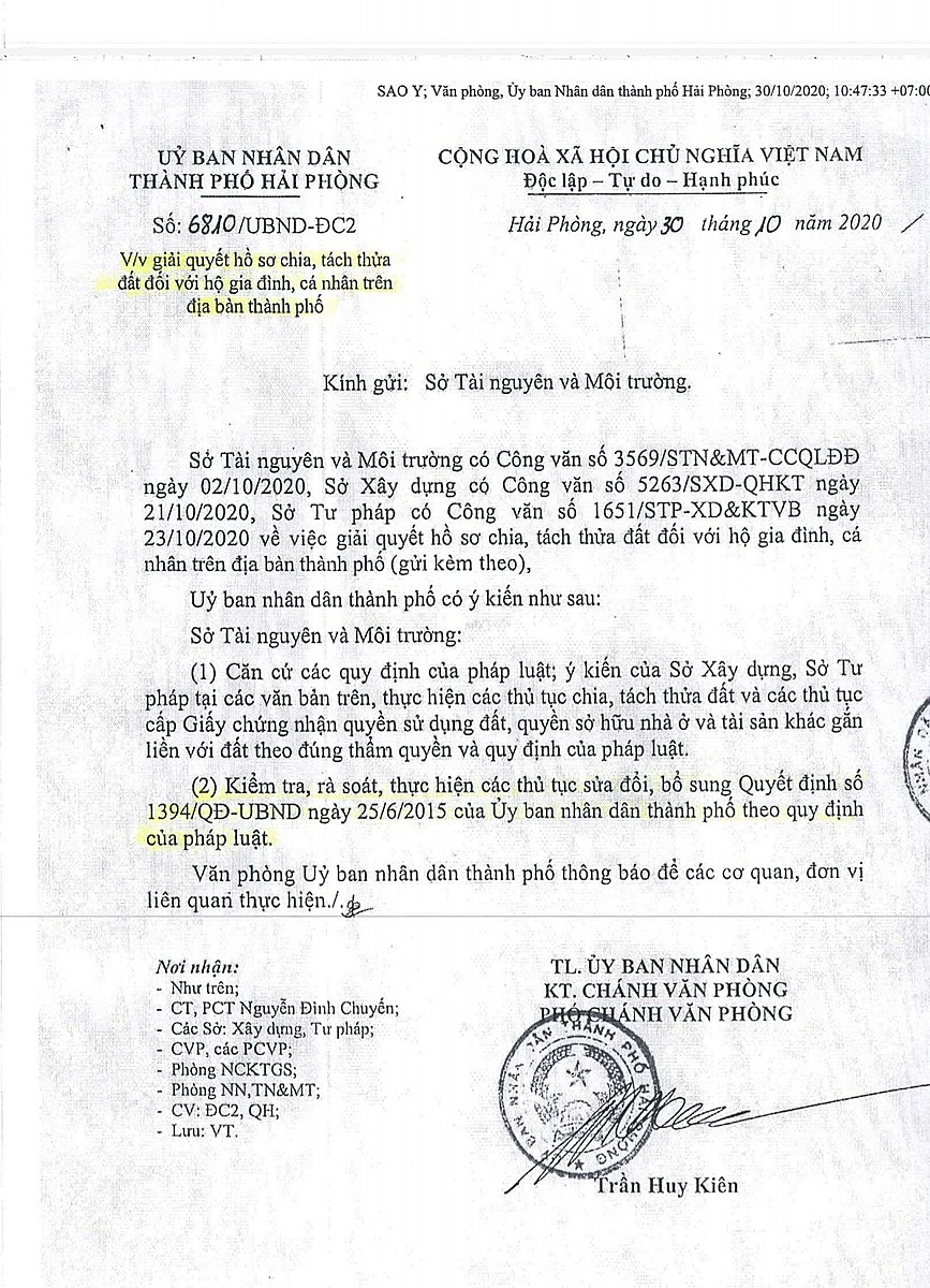 Văn bản 6810 của UBND TP Hải Phòng chỉ đạo Sở TN&MT thực hiện tách thửa cho công dân và thực hiện nghiêm Luật Đất đai