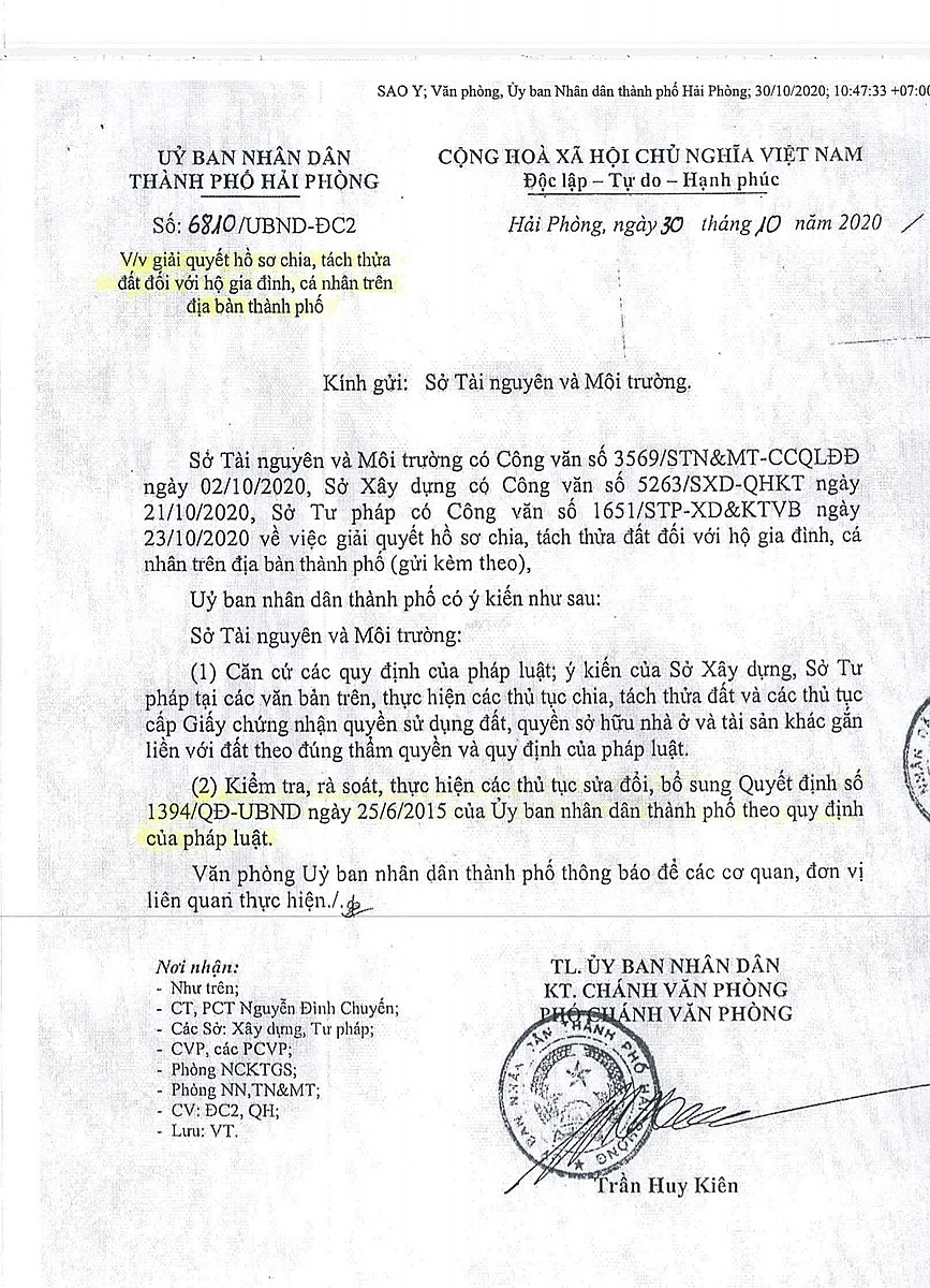 Văn bản 6810 của UBND TP Hải Phòng chỉ đạo Sở TN&MT thực hiện tách thửa cho công dân và thực hiện nghiêm Luật Đất đai