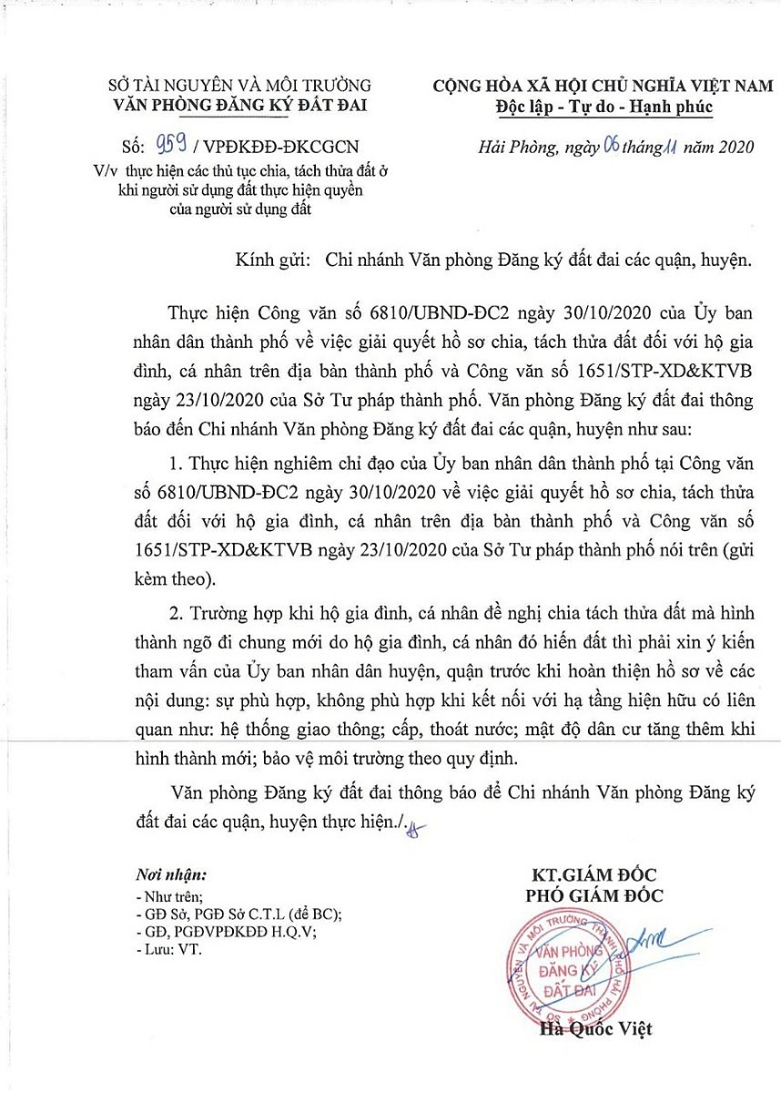 Văn bản số 959 của Văn phòng Đăng ký đất đai có nội dung giống với văn bản của Sở TN&MT Hải Phòng nhưng khác so với quy định của Nghi định 43/ NĐ-CP.