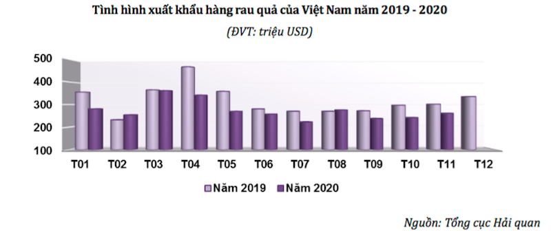 Xuất khẩu rau quả của Việt Nam năm 2020 ước đạt 3,26 tỷ USD, giảm 13% so với năm 2019.