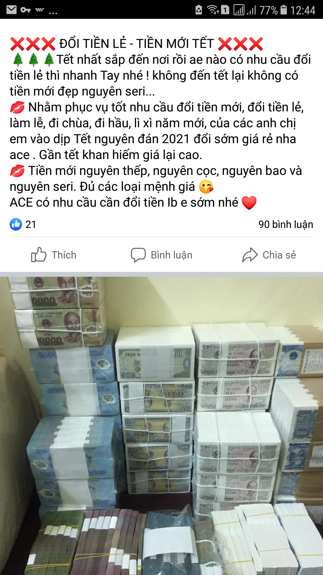 Dịch vụ đổi tiền lẻ mới được trao đổi công khai trên các website, facebook, zalo.