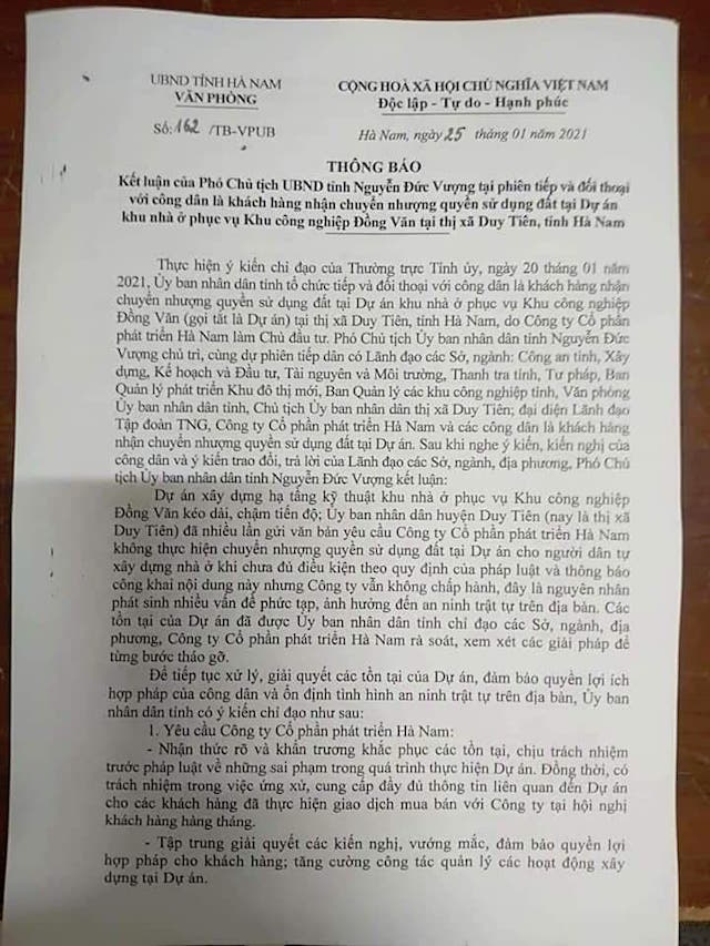 Văn phòng UBND tỉnh đã ra thông báo chỉ đạo các cơ quan chức năng rà soát lại các sai phạm của TNR
