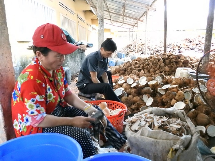 Sơ chế dừa tại HTX Định Thủy.