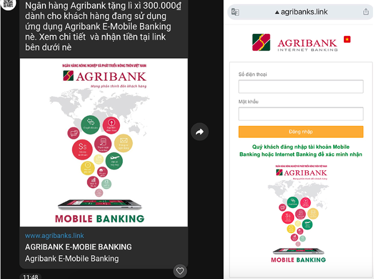 Agribank đưa ra cảnh báo khách hàng không truy cập vào các đường link giả mạo (như trên) để lừa đảo.