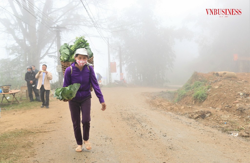 Người dân đeo gùi rau đến điểm tập kết của HTX.