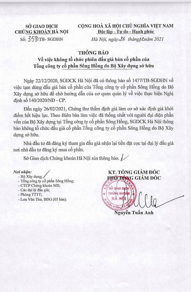 Văn bản của HNX thông báo về việc không tổ chức phiên đấu giá bán cổ phẩn của Tổng công ty cổ phần Sông Hồng
