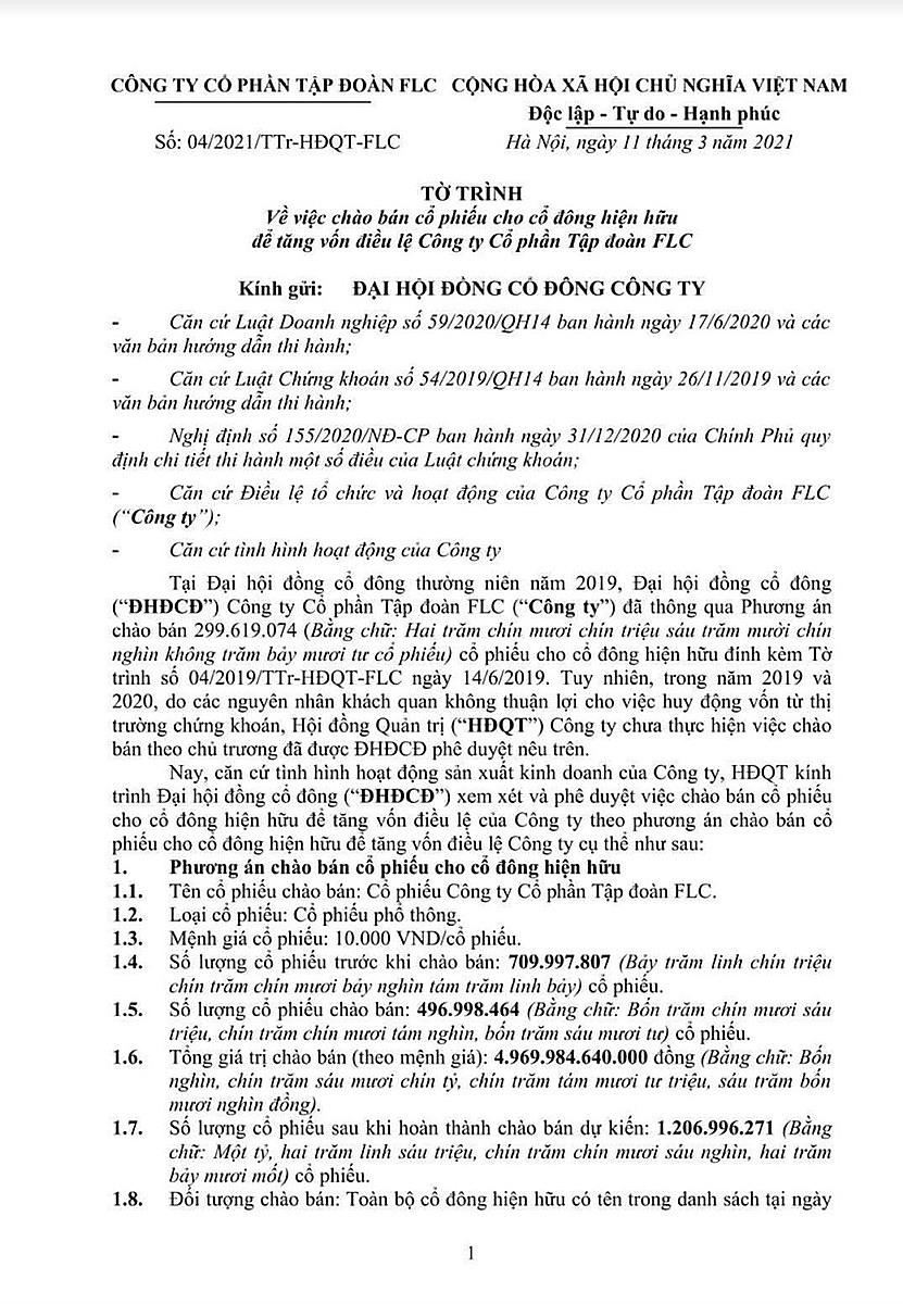 Tờ trình về việc chào bán cổ phiếu cho cổ đông hiện hữu để tăng vốn điều lệ cho CTCP Tập đoàn FLC.