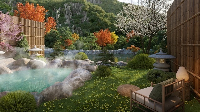 Mỗi biệt thự Yoko Villas sở hữu đầy đủ hệ thống bể tắm - phòng xông đúng theo quy trình tắm onsen của người Nhật.