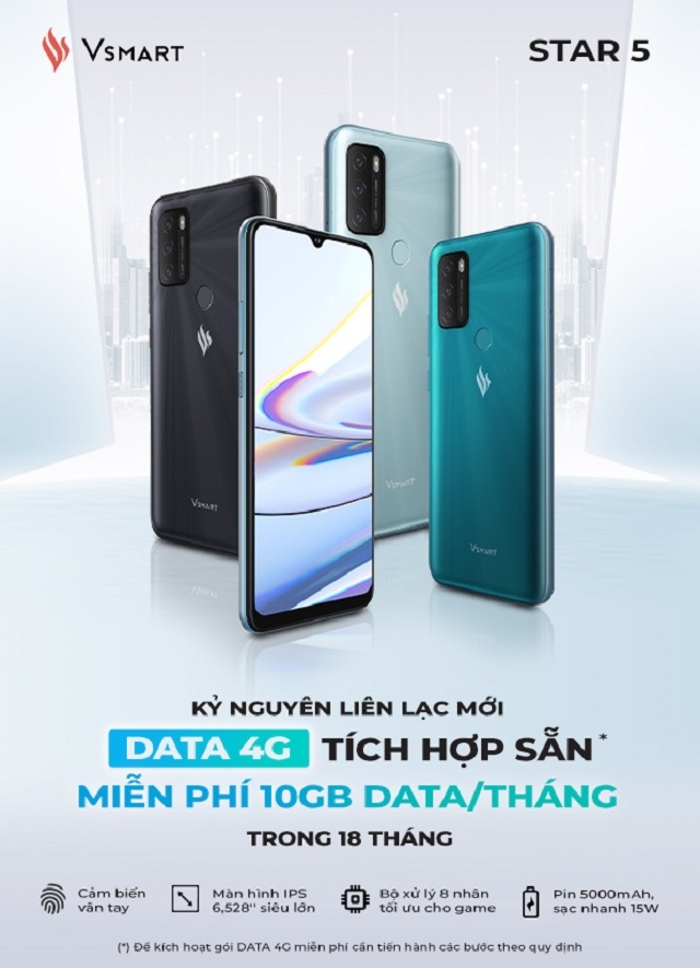 Với việc tích hợp DATA 4G miễn phí, Vsmart Star 5 trở thành điện thoại kèm DATA 4G miễn phí tiên phong tại Việt Nam.