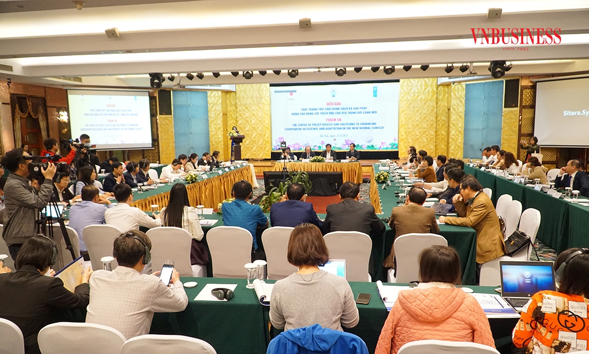 Các đại biểu điều hành chương trình của diễn đàn Thực trạng tiếp cận chính sách và giải pháp nâng cao năng lực thích ứng cho HTX trong bối cảnh mới”.