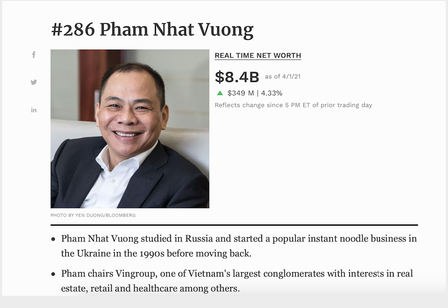Cập nhật của Forbes về tổng tài sản của tỷ phú Phạm Nhật Vượng tính đến ngày 1/4/2021.