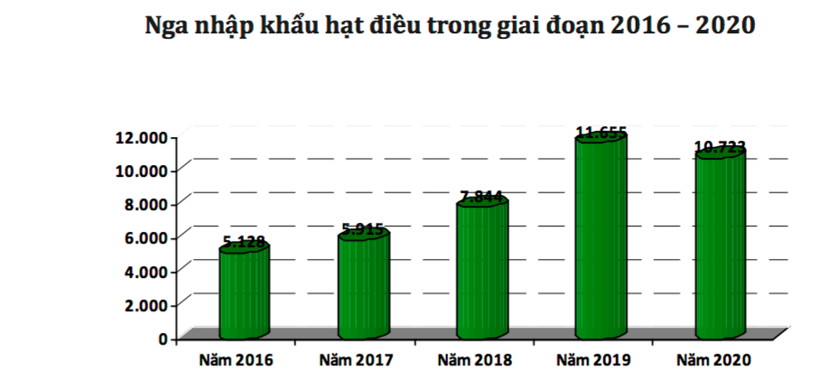 Nhập khẩu hạt điều của Nga giai đoạn 2016-2020 tăng trưởng bình quân 22,1%/năm.