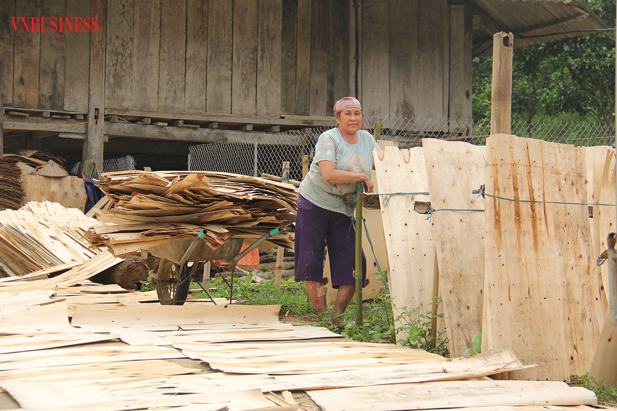 Người dân tộc xã Kiên Thành bóc và phơi gỗ để bán cho Công ty Yên Thành.
