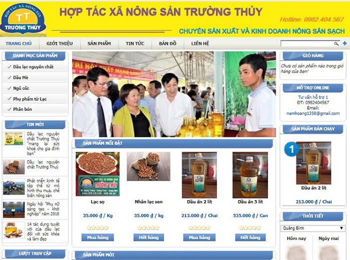 Giao diện website của HTX nông sản Trường Thủy được Trung tâm khuyến công và xúc tiến thương mại tỉnh Quảng Bình hỗ trợ xây dựng, vận hành.