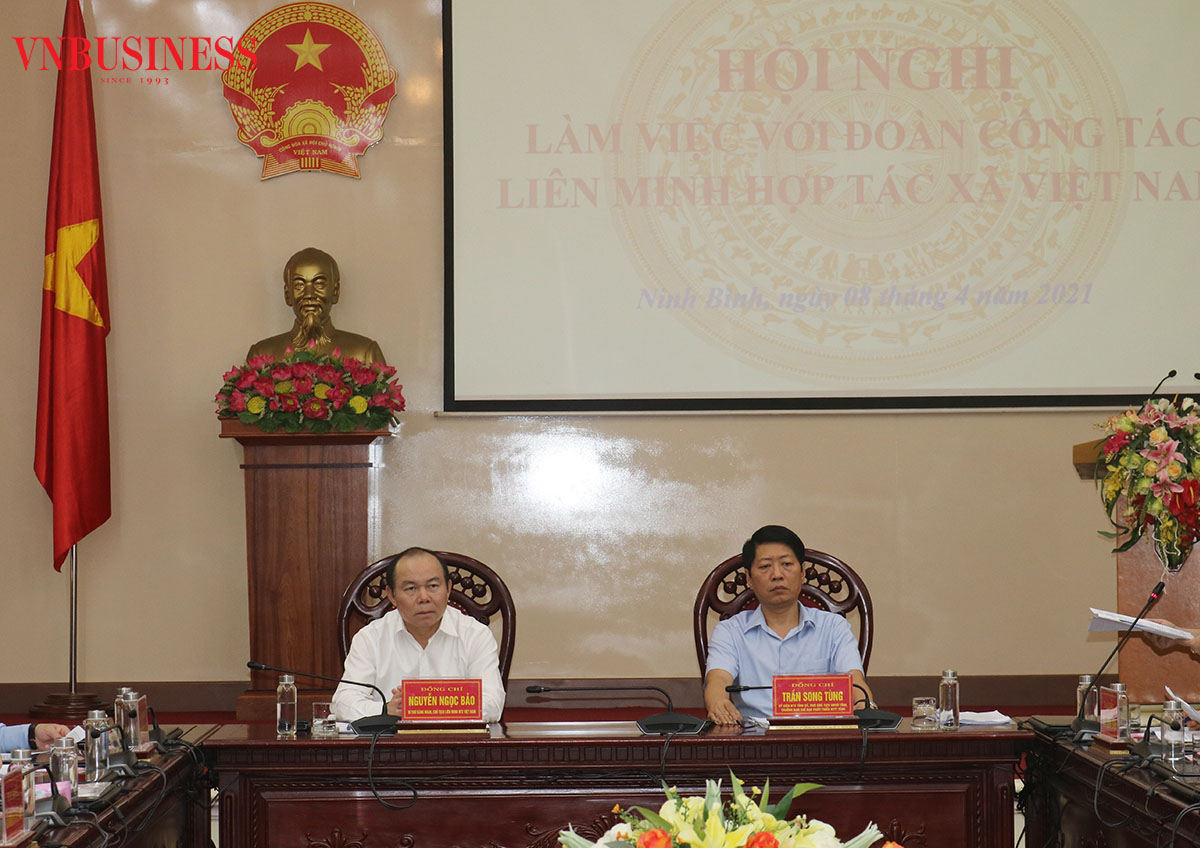 Ông Nguyễn Ngọc Bảo, Chủ tịch Liên minh HTX Việt Nam và ông Trần Song Tùng, Phó Chủ tịch UBND tỉnh Ninh Bình cùng chủ trì buổi làm việc.