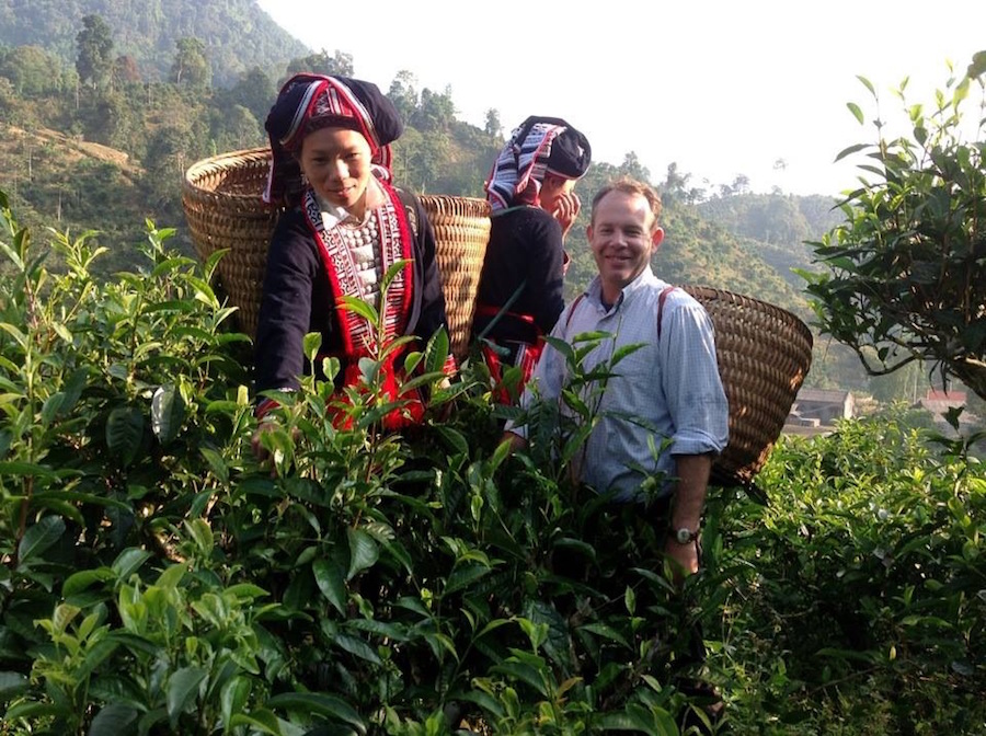 Du khách nước ngoài trải nghiệm hái chè cùng đồng bào dân tộc.