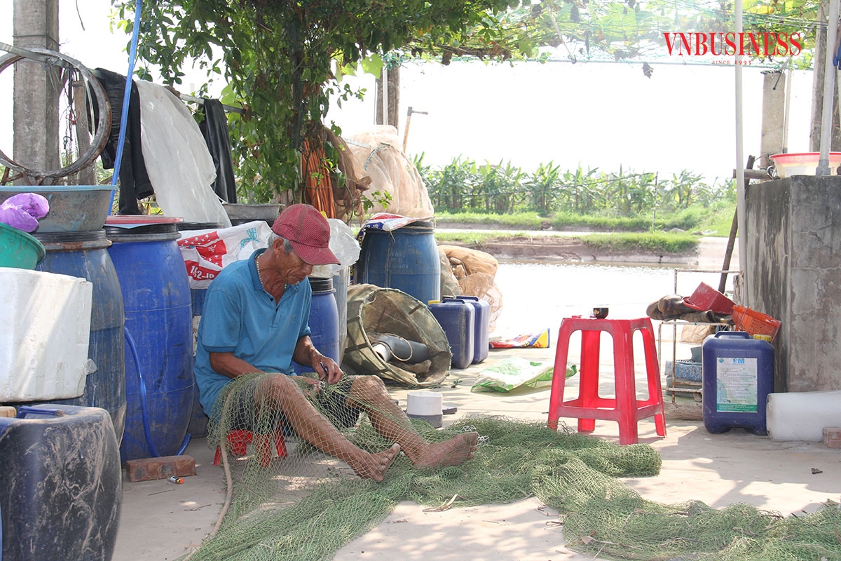 Tranh thủ mọi thời gian, thành viên HTX Kim Tiến đan lại lưới để phục vụ cho việc thu hoạch thủy, hải sản.