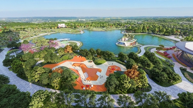 Con đường xanh tuyệt đẹp uốn lượn xung quanh bờ hồ.