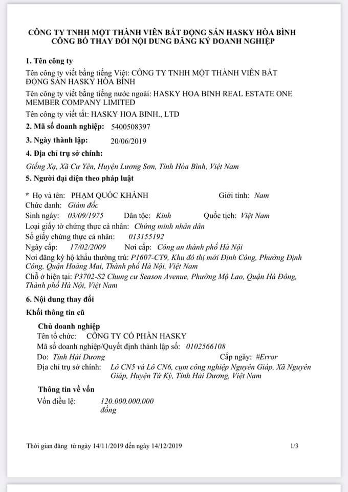 CTCP Hasky có vốn đièu lệ 120 tỷ đồng