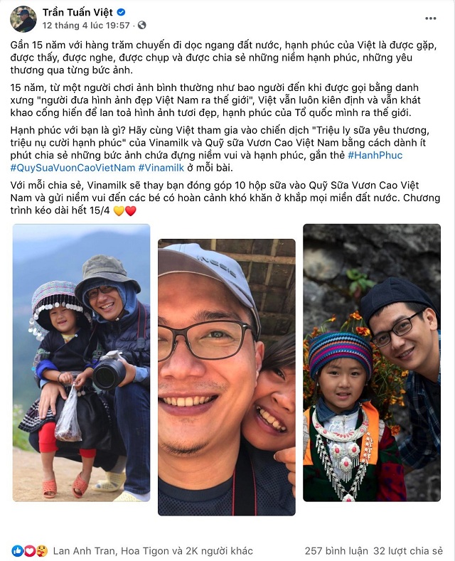 Bài viết hưởng ứng chiến dịch của nhiếp ảnh gia Trần Tuấn Việt đã nhận hơn 2.000 lượt thích và chia sẻ.