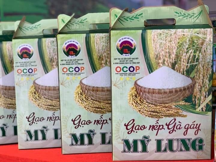 Sản phẩm gạo nếp Gà gáy Mỹ Lung được đóng gói bao bì và nhãn mác bắt mắt, thu hút người tiêu dùng.