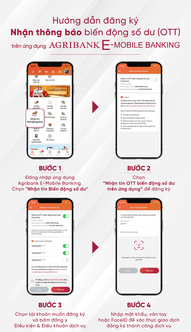 Các bước đăng ký nhận tin OTT biến động số dư trên ứng dụng Agribank E-Mobile Banking