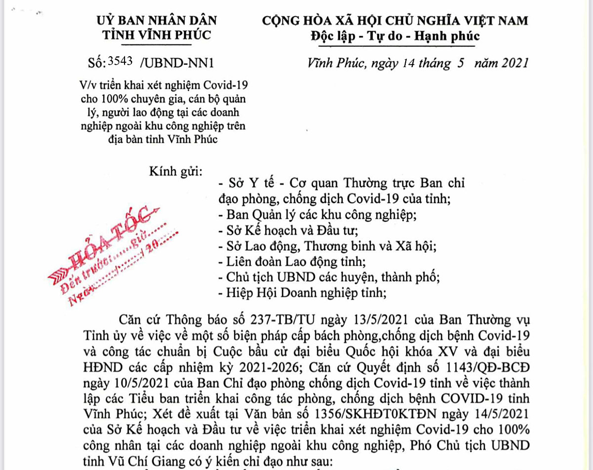 Văn bản của Tỉnh Vĩnh Phúc yêu cầu việc triển khai xét nghiệm Covid-19.