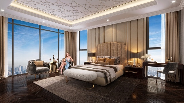 View phòng ngủ ra toàn cảnh thành phố nhộn nhịp và sôi động