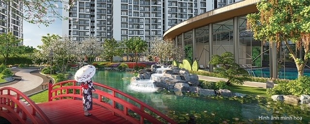 Hồ cảnh quan với cầu Nhật độc đáo giúp cư dân thư thái dạo bộ mỗi ngày.