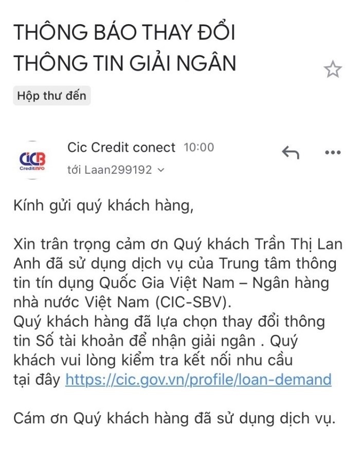 CIC khuyến cáo email giả danh CIC để lừa đảo khách hàng.