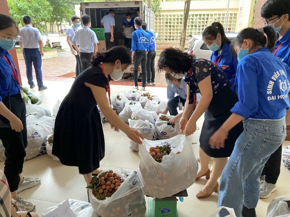 Nông sản được cân, đóng túi và vận chuyển về nơi tập kết.