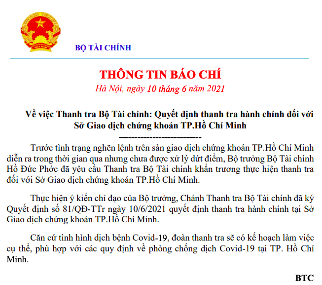 Thông báo về việc thanh tra sàn HoSE của Bộ Tài chính.