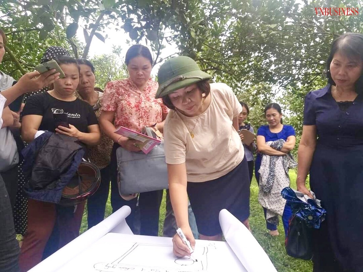 Chị Nguyễn Thị Thu tập huấn nâng cao hiểu biết về dược liệu, cách gieo trồng và thu hoạch bền vững cho các thành viên HTX.