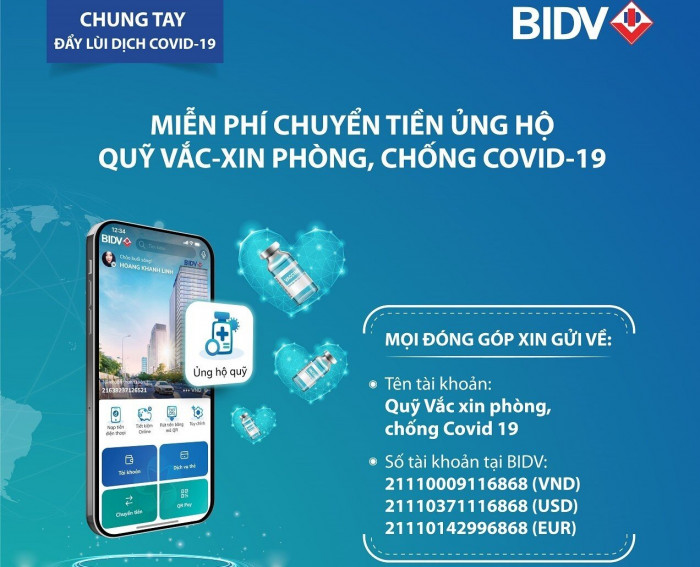 BIDV miễn hoàn toàn phí chuyển tiền ủng hộ tới Quỹ vắc xin qua SmartBanking và BIDV iBank.