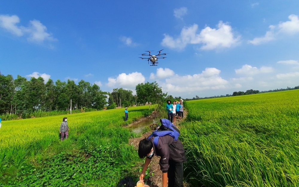 Dùng máy bay phun thuốc trừ sâu giúp người nông dân không phải tiếp xúc trực tiếp với thuốc bảo vệ thực vật.