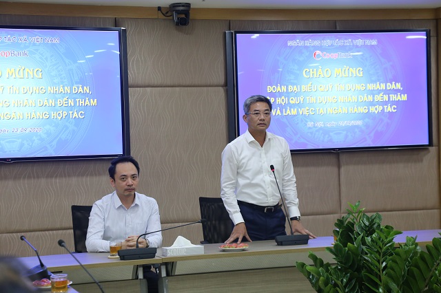 Ông Nguyễn Quốc Cường –Chủ tịch HĐQT Ngân hàng Hợp tác xã Việt Nam, Chủ tịch Hiệp hội phát biểu tại buổi gặp mặt giữa Hiệp hội, Ngân hàng Hợp tác xã Việt Nam và các QTDND.